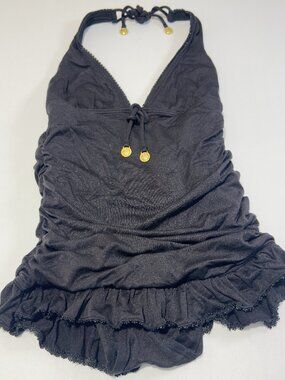 Juicy Couture Beach Royalty Halter Y2K Swim Dress One Piece Swimsuit Black SZ S